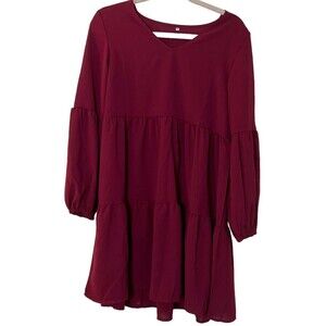MissLook Women's 3/4 Sleeve V-Neck Mini Swing Dress Burgundy Size M
